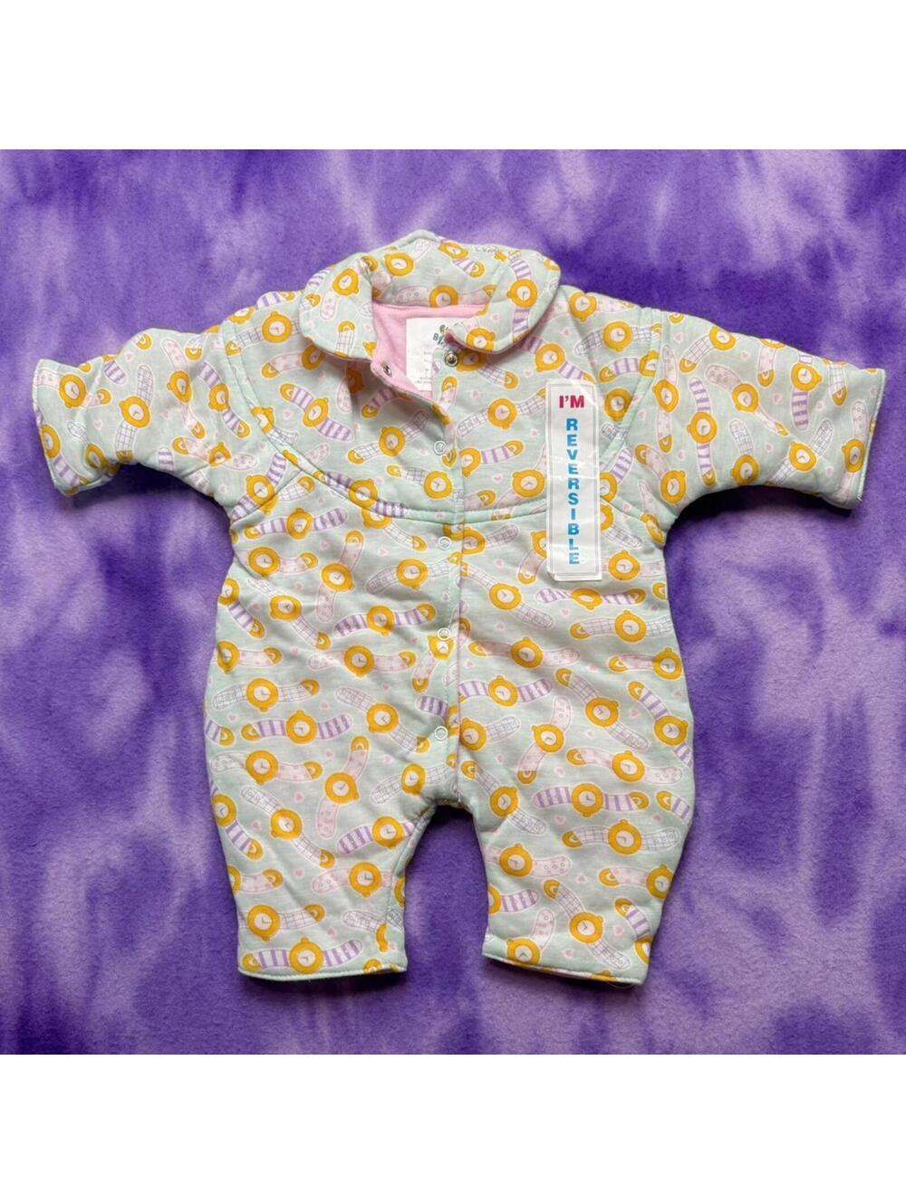 Vtg reversible baby romper with watch all over print and pink